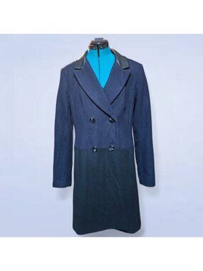 Vince Camuto Virgin Wool Colourblock Pea Coat with Faux Leather Collar‎ - Large